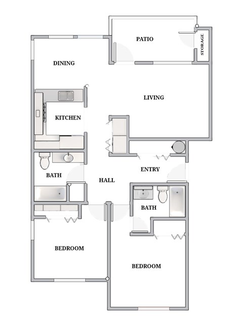 A floor plan of a house with labeled rooms such as kitchen, living room, and bathroom.
